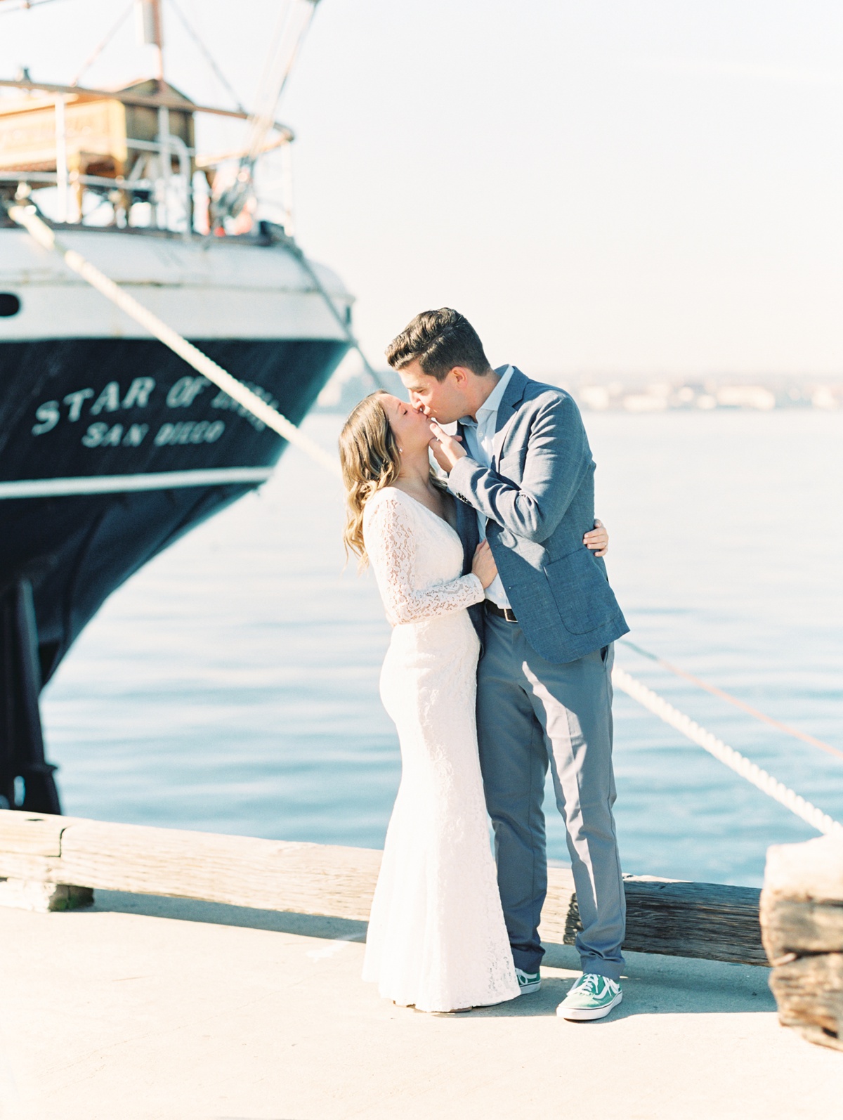 Couple Posing At The Star Of India | Downtown San Diego Bay Courthouse Wedding Shot On Film By Mandy Ford Photography