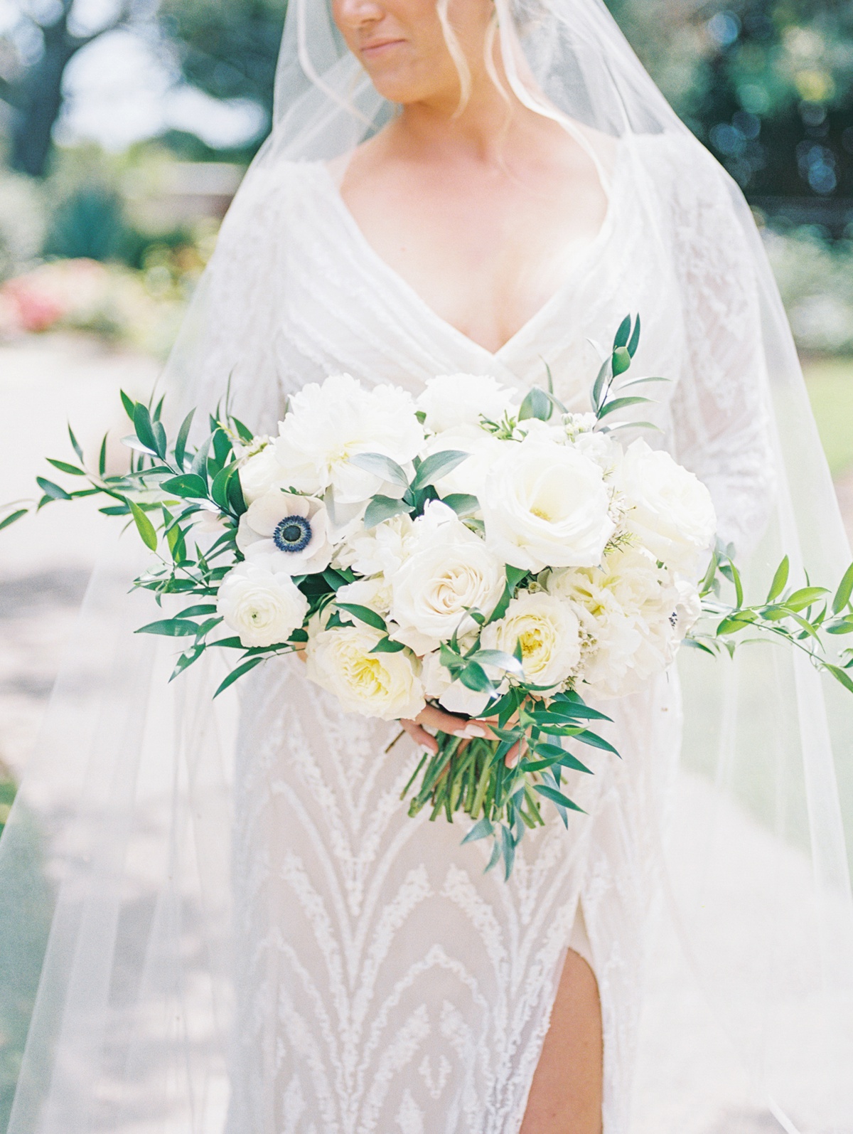Long sleeve bridal gown with deep neckline inspiration | L'Auberge Del Mar wedding